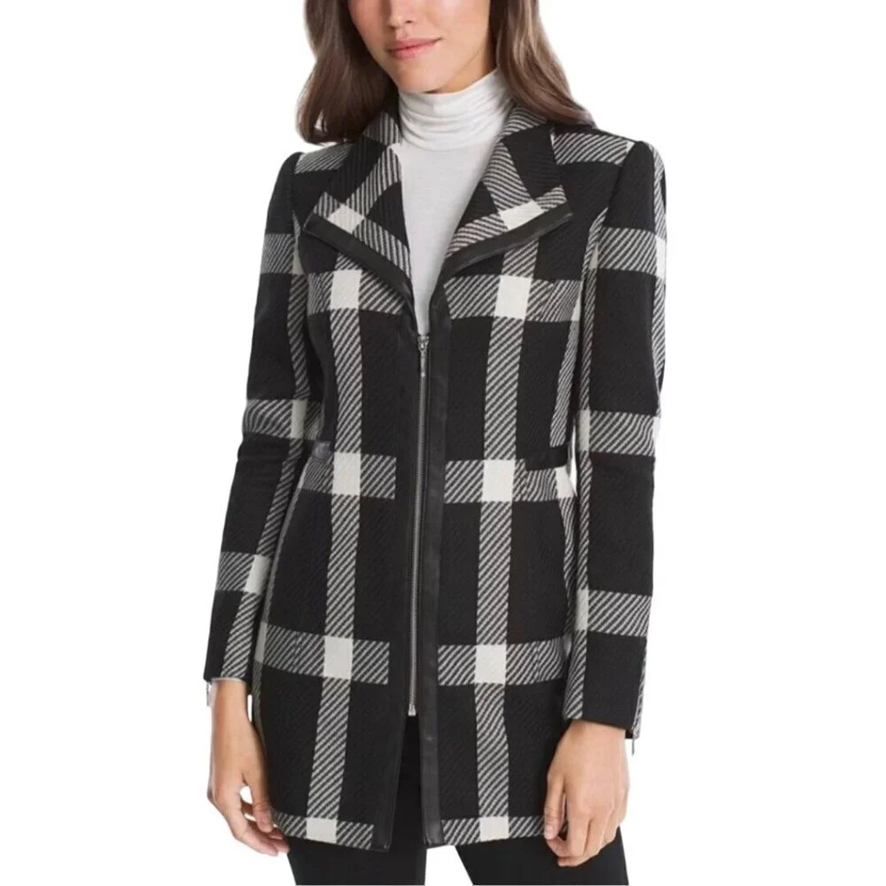 White House Black Market Plaid Zip-Up Black White Moto Jacket Size XS